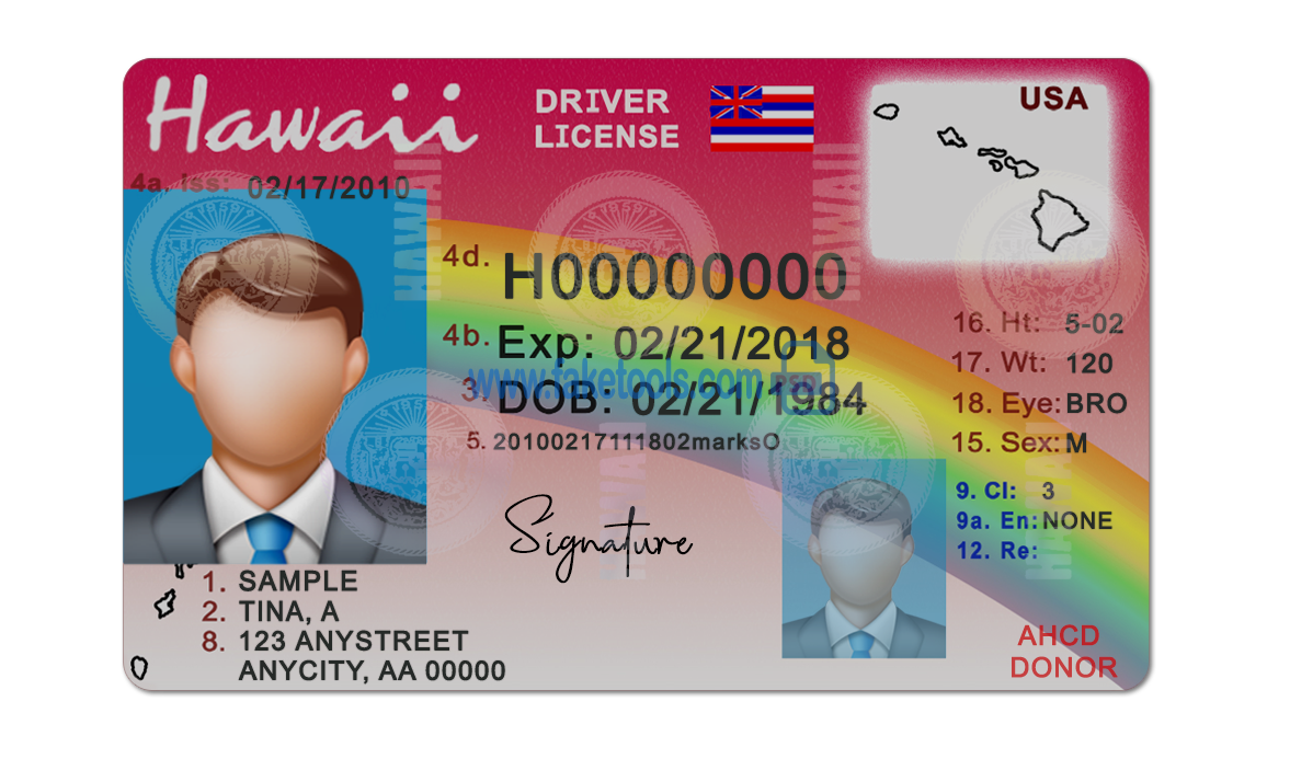 Hawaii driving license Psd Template