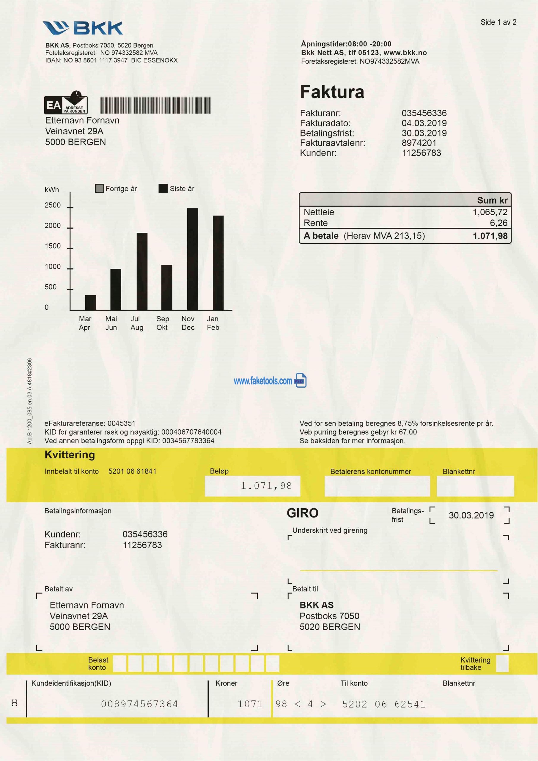 Norway Utility Bill psd Template: Norway Proof of address psd template