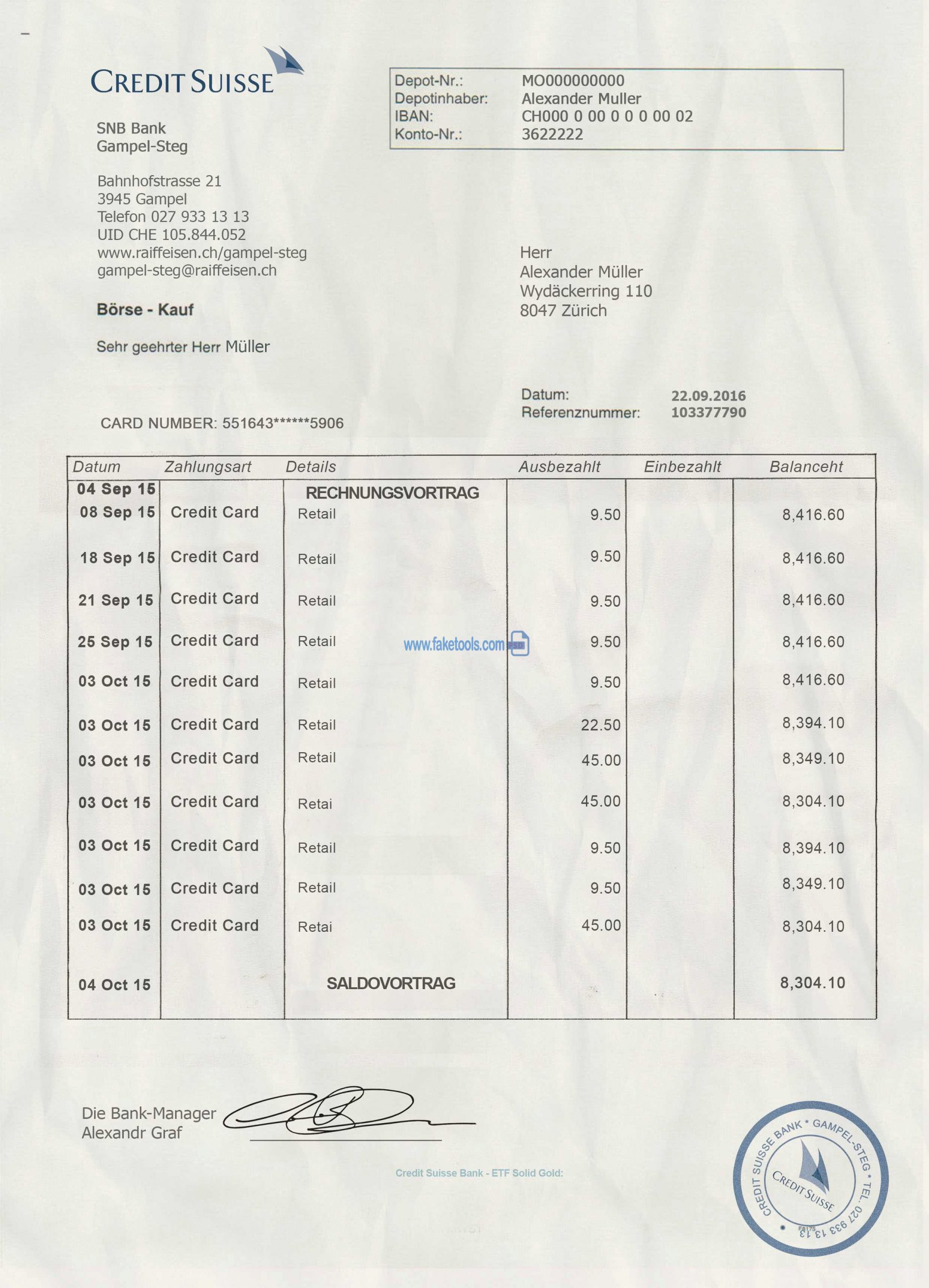 Swiss bank Statement psd template