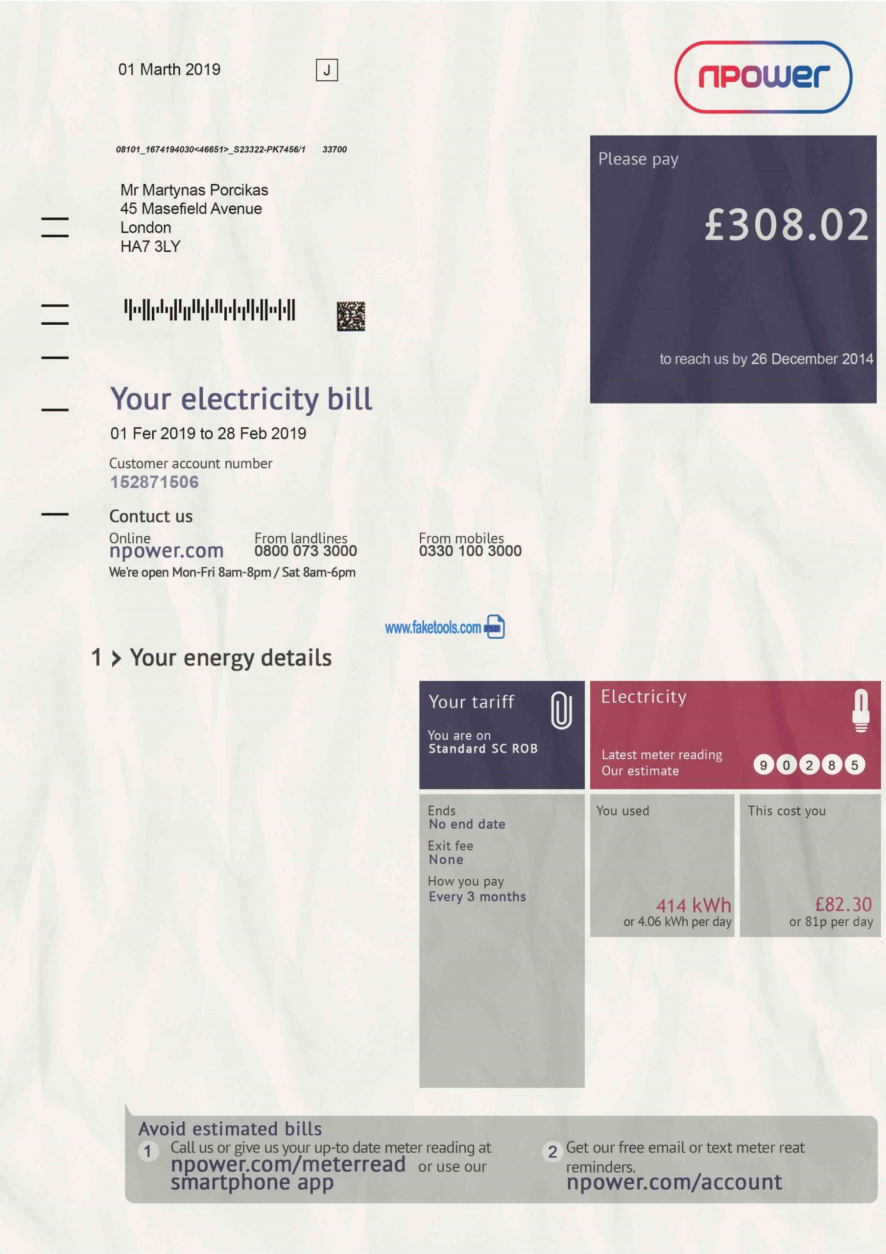 Uk Utility Bill psd template -3: UK Proof of address psd template -3: npower bill psd template