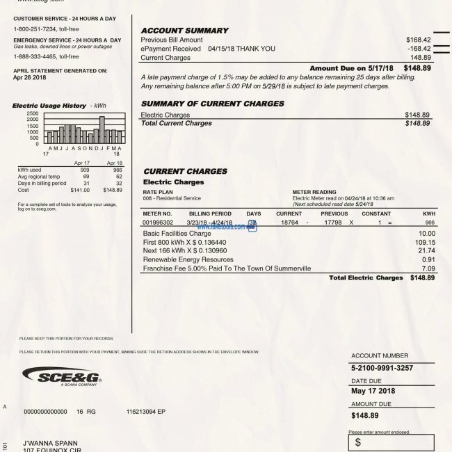 SCEG Bill : USA Utility Bill : USA Proof of Address Psd template