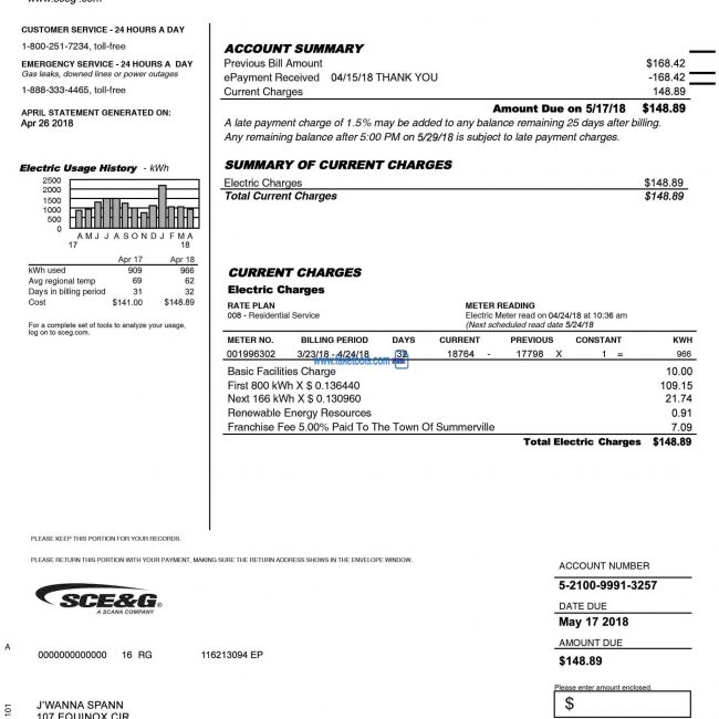 SCEG Bill : USA Utility Bill : USA Proof of Address Psd template