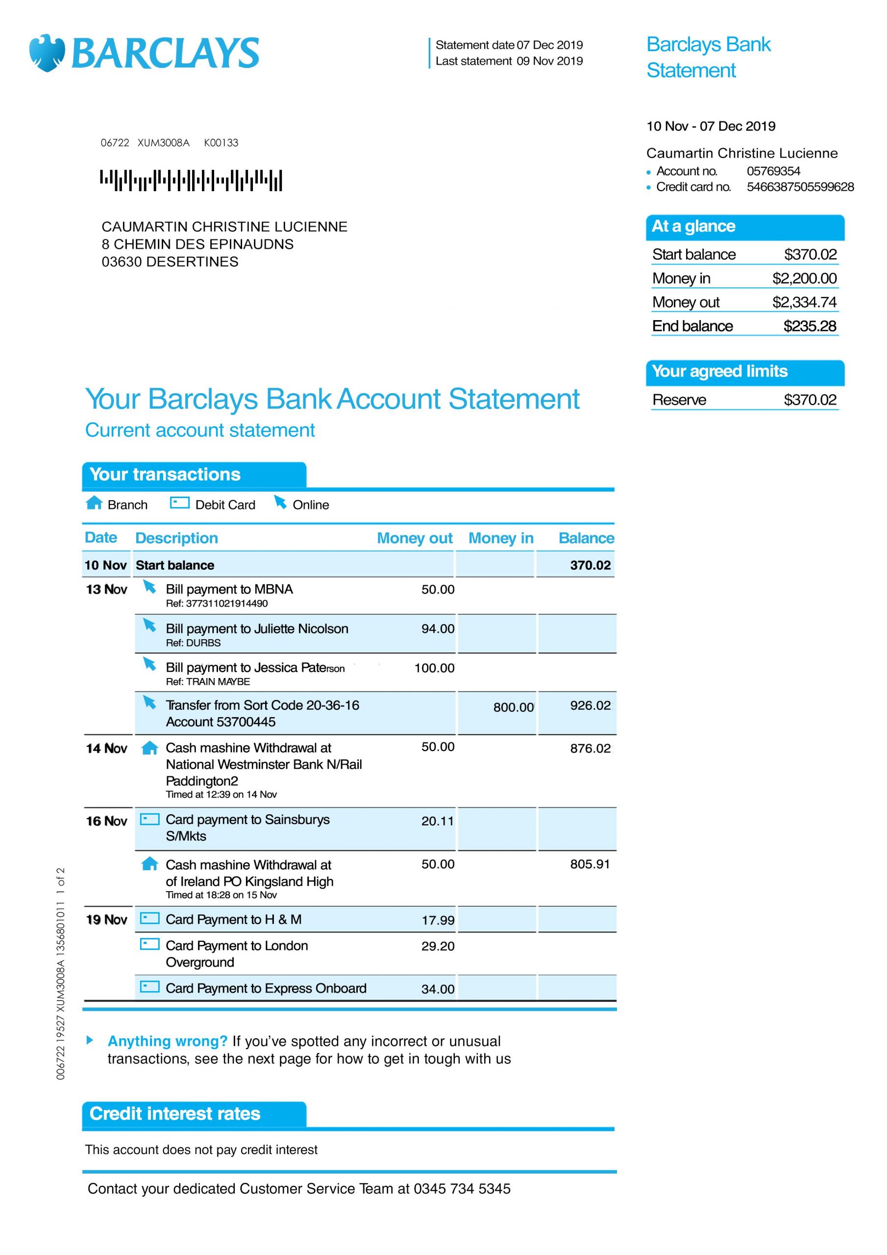 Barclays Bank Statement psd template